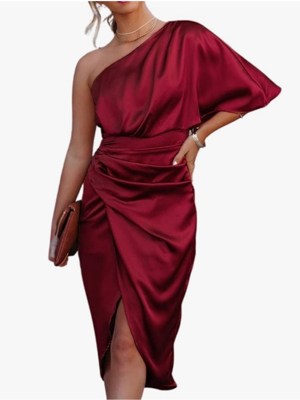 Cupshe One Shoulder Deep Red Satin Fitted Drape Front Dress Tulip Hem, M NWT